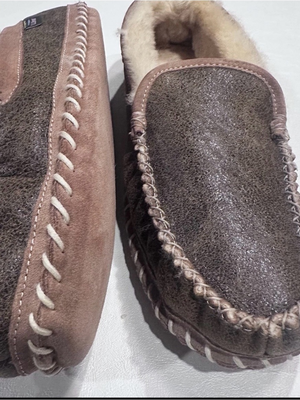 L.L.Bean Men's Wicked Good Slippers, 13 Leather Suede Brown Moccasin Shearling